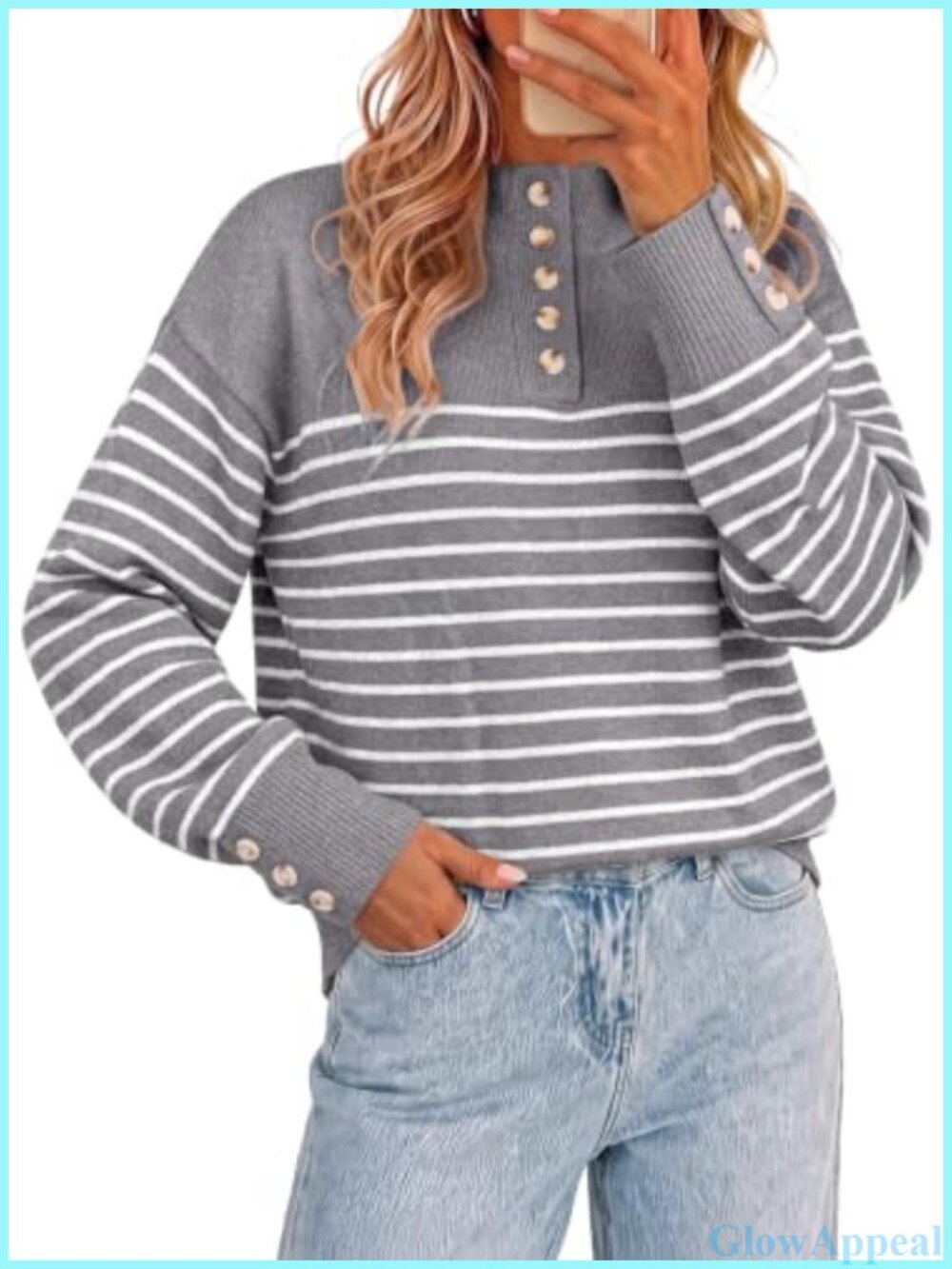 Striped Collared Neck Half Button Pullover Sweater Long Sleeve Loose Fit